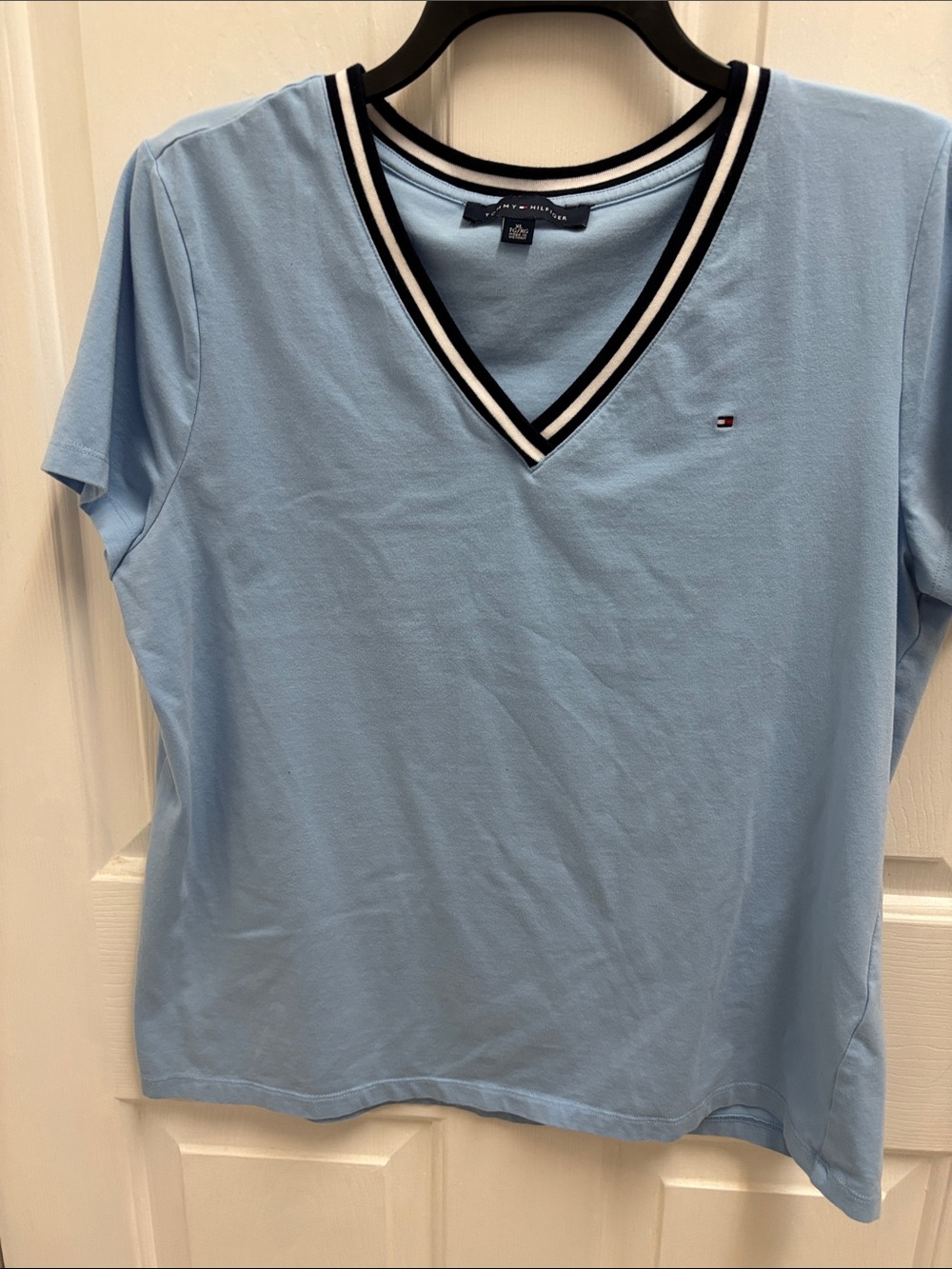 Tommy Hilfiger Light Blue V-Neck Tee with Striped Trim